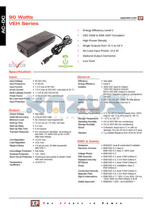 VEH90PS12 datasheet - Energy Efficiency Level V, CEC 2008 & EISA 2007 Compliant