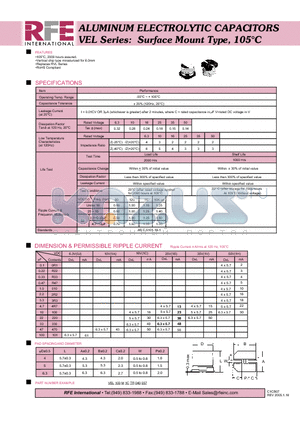 VEL100M1CTR040057 datasheet - ALUMINUM ELECTROLYTIC CAPACITORS VEL Series: Surface Mount Type, 105C