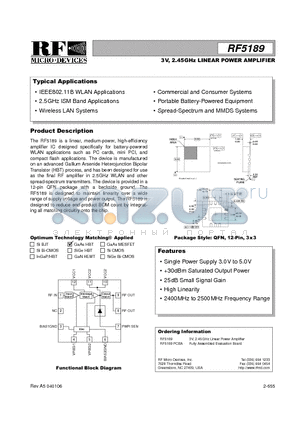 RF5189 datasheet - 3V, 2.45GHz LINEAR POWER AMPLIFIER