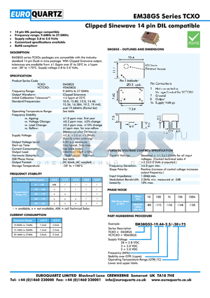 VEM38GS28-19.44-2.5-30 datasheet - Clipped Sinewave 14 pin DIL compatible
