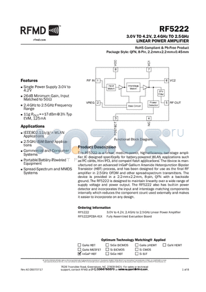 RF5222 datasheet - 3.0V TO 4.2V, 2.4GHz TO 2.5GHz LINEAR POWER AMPLIFIER