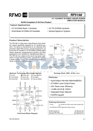 RF5198PCBA-41X datasheet - 3V 1950MHZ W-CDMA LINEAR POWER AMPLIFIER MODULE