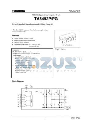 TA8492P datasheet - Three-Phase Full-Wave Brushless DC Motor Driver IC