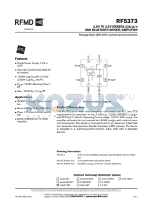 RF5373 datasheet - 1.8V TO 3.6V IEEE802.11b/g/n AND BLUETOOTH DRIVER/AMPLIFIER