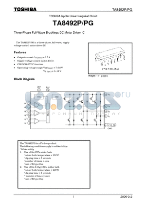 TA8492P/PG datasheet - Three-Phase Full-Wave Brushless DC Motor Driver IC