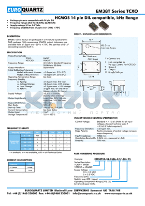 VEM38T5-32.768K-2.5-30 datasheet - HCMOS 14 pin DIL compatible, kHz Range
