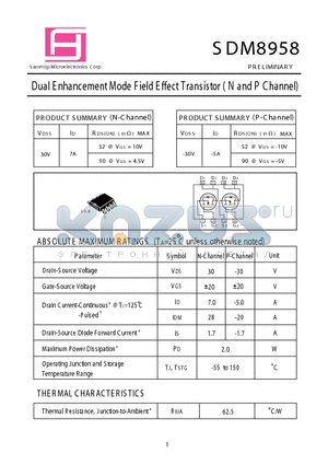 SDM8958 datasheet - Dual E nhancement Mode Field E ffect Transistor ( N and P Channel)