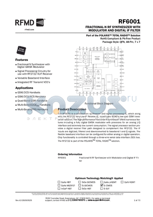 RF6001 datasheet - FRACTIONAL-N RF SYNTHESIZER WITH MODULATOR AND DIGITAL IF FILTER