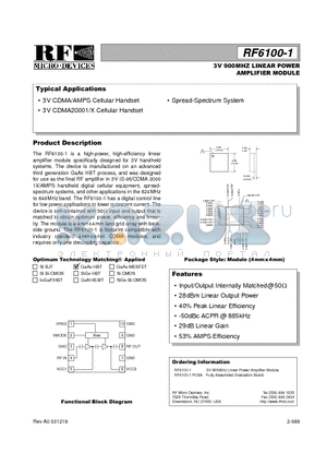 RF6100-1PCBA datasheet - 3V 900MHZ LINEAR POWER AMPLIFIER MODULE