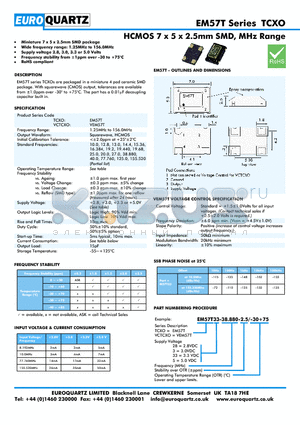 VEM57S3-28.880-2.5-30 datasheet - HCMOS 7 x 5 x 2.5mm SMD, MHz Range