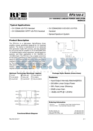 RF6100-4 datasheet - 3V 1900MHZ LINEAR POWER AMPLIFIER