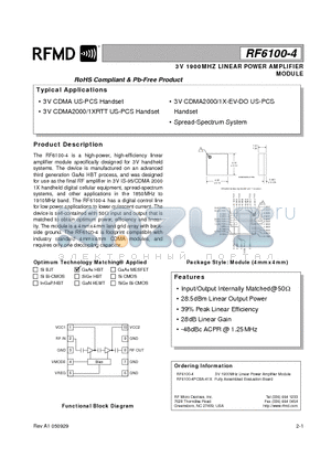 RF6100-4PCBA-41X datasheet - 3V 1900MHZ LINEAR POWER AMPLIFIER MODULE