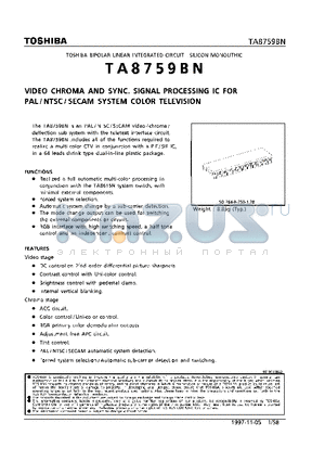 TA8759BN datasheet - VIDEO CHROMA AND SYNC. SIGNAL PROCESSING IC FOR PAL/NTSC/SECAM SYSTEM COLOR TELEVISION