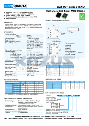 VEM64GT3-38.880-2.5-30 datasheet - HCMOS, 6 pad SMD, MHz Range