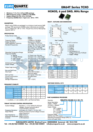 VEM64T3-38-2.5-30 datasheet - HCMOS, 6 pad SMD, MHz Range