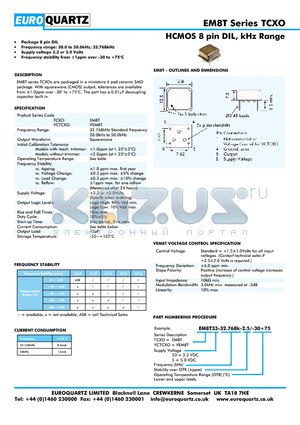 VEM8T33-32.768-2.5-30 datasheet - HCMOS 8 pin DIL, kHz Range