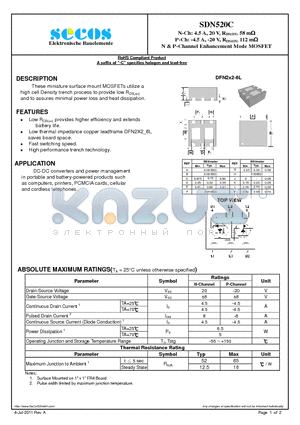 SDN520C datasheet - N-Ch: 4.5 A, 20 V, RDS(ON) 58 m P-Ch: -4.5 A, -20 V, RDS(ON) 112 m N & P-Channel Enhancement Mode MOSFET