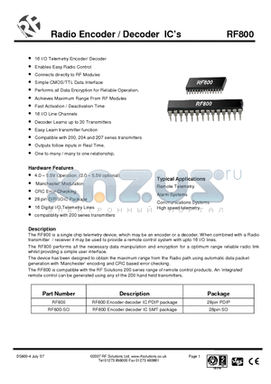 RF800-SO datasheet - Radio Encoder / Decoder ICs
