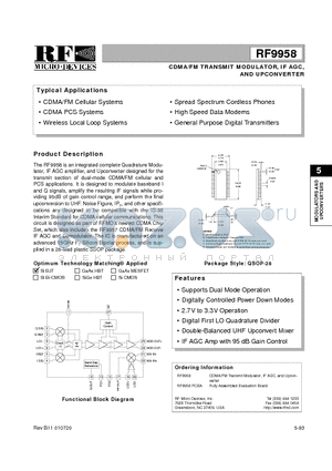 RF9958 datasheet - CDMA/FM TRANSMIT MODULATOR, IF AGC, AND UPCONVERTER