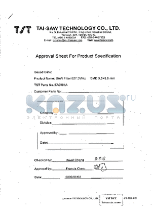 TA981A datasheet - SAW Filter 827.5 MHz