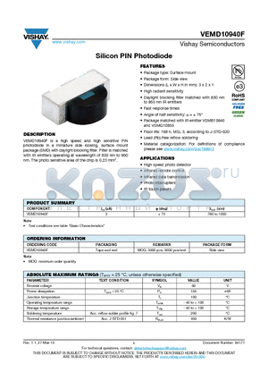 VEMD10940F datasheet - Silicon PIN Photodiode