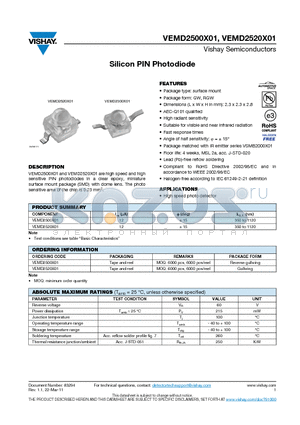 VEMD2520X01 datasheet - Silicon PIN Photodiode