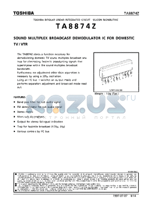 TA8874Z datasheet - SOUND MULTIPLEX BROADCAST DEMODULATOR IC FOR DOMESTIC TV/VTR