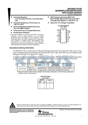 SN74AHCT125-EP datasheet - QUADRUPLE BUS BUFFER GATE WITH 3-STATE OUTPUTS