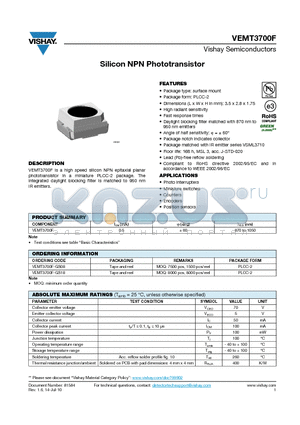 VEMT3700F-GS08 datasheet - Silicon NPN Phototransistor