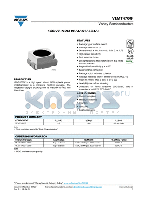 VEMT4700F-GS18 datasheet - Silicon NPN Phototransistor