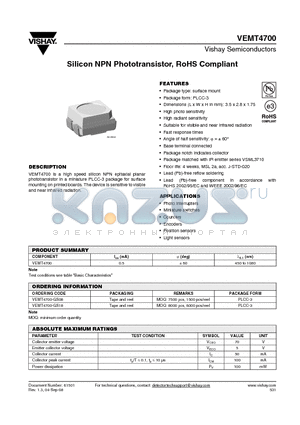 VEMT4700-GS08 datasheet - Silicon NPN Phototransistor, RoHS Compliant