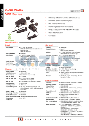 VEP08US09 datasheet - Efficiency Efficiency Level V (24 W Level IV), CEC2008 & EISA 2007 Compliant