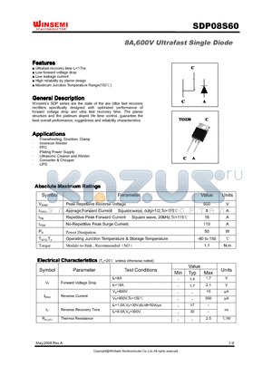 SDP08S60 datasheet - 8A,600V Ultrafast Single Diode