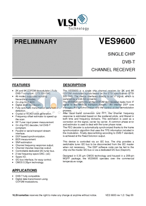 VES9600 datasheet - SINGLE CHIP DVB-T CHANNEL RECEIVER