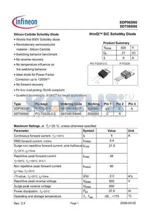 SDP06S60_08 datasheet - Silicon Carbide Schottky Diode