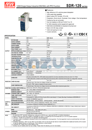 SDR-120-48 datasheet - 120W Single Output Industrial DIN RAIL with PFC Function