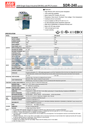 SDR-240-48 datasheet - 240W Single Output Industrial DIN RAIL with PFC Function