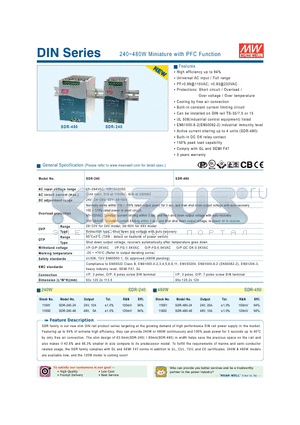 SDR-240 datasheet - 240~480W Miniature with PFC Function
