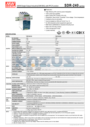 SDR-240-24 datasheet - 240W Single Output Industrial DIN RAIL with PFC Function