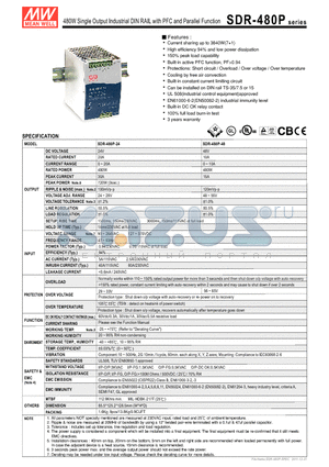 SDR-480P-24 datasheet - 480W Single Output Industrial DIN RAIL with PFC and Parallel Function