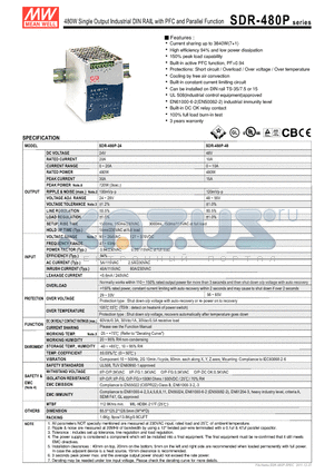 SDR-480P_11 datasheet - 480W Single Output Industrial DIN RAIL with PFC and Parallel Function