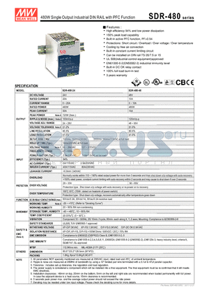 SDR-480_11 datasheet - 480W Single Output Industrial DIN RAIL with PFC Function