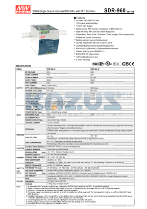 SDR-960 datasheet - 960W Single Output Industrial DIN RAIL with PFC Function