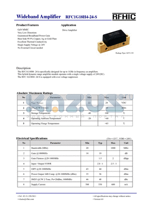 RFC1G18H4-24-S datasheet - Wideband Amplifier