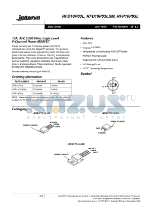 RFD10P03L datasheet - 10A, 30V, 0.200 Ohm, Logic Level, P-Channel Power MOSFET