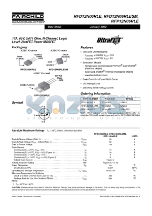 RFD12N06RLE datasheet - 17A, 60V, 0.071 Ohm, N-Channel, Logic Level UltraFET Power MOSFET