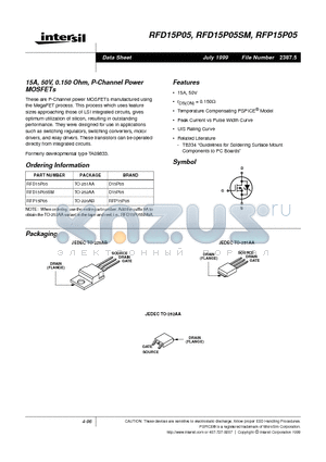 RFD15P05SM datasheet - 15A, 50V, 0.150 Ohm, P-Channel Power MOSFETs