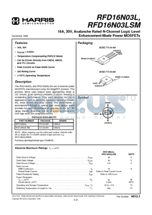 RFD16N03LSM datasheet - 16A, 30V, Avalanche Rated N-Channel Logic Level Enhancement-Mode Power MOSFETs