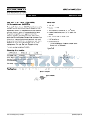 RFD16N06LESM datasheet - 16A, 60V, 0.047 Ohm, Logic Level, N-Channel Power MOSFETs