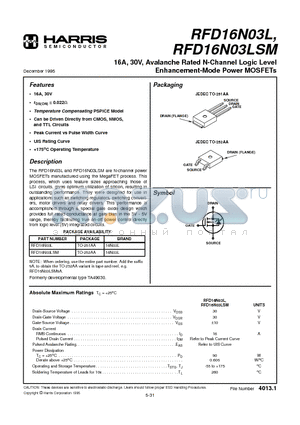 RFD16N03 datasheet - 16A, 30V, Avalanche Rated N-Channel Logic Level Enhancement-Mode Power MOSFETs